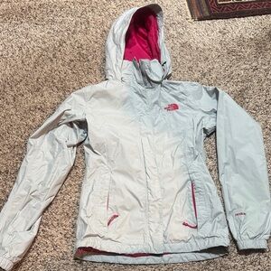 The North Face Women's Light Gray Hooded Rain jacket with Pink Accents